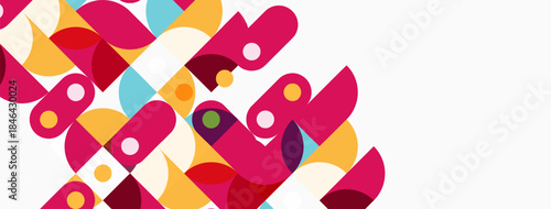 Abstract geometric shapes overlap, creating vibrant colorful pattern. Pink dominates, accented by gold, teal, white. Modern design.