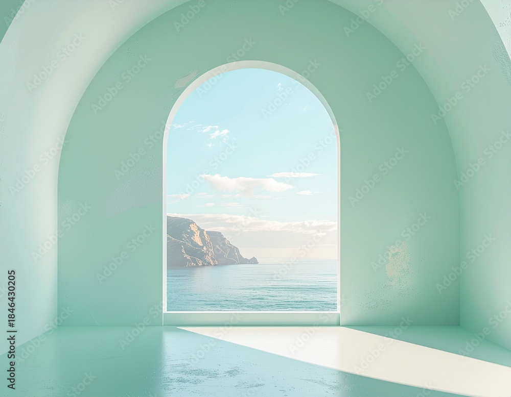 Fototapeta premium Simple Arched Window Frame and Long Shadow. Neo-Minimalist Geometric Layouts (Soft Shapes & Clean Forms). A simple arched window frame casting a long shadow positioned in the center of the frame. 