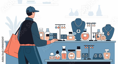 Stylish Man Shops For Exquisite Perfumes And Jewelleries In Boutique