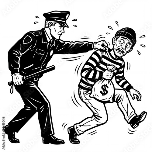 Police officer arrests thief in a city street during the day