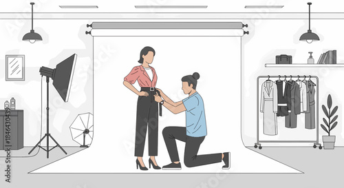 Stylist Fitting Belt On Fashion Model In Photography Studio