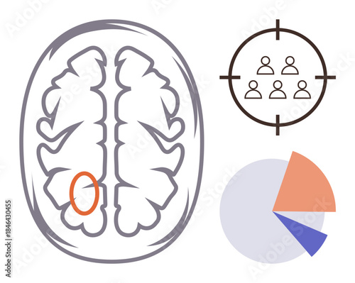 Brain diagram with highlighted section paired with target icon representing teamwork and a pie chart. Ideal for neuroscience, analysis, teamwork, strategy, focus, research, education. Clean flat