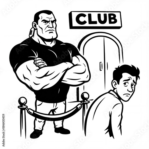 Bouncer stands at club entrance while guest looks concerned