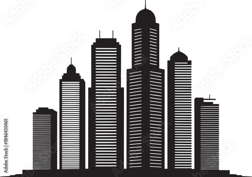 Modern city skyline with various skyscrapers and buildings featuring detailed window lines
