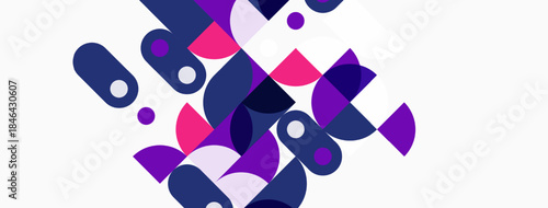 Abstract geometric shapes overlap, creating vibrant purple, pink, navy composition. Minimalist design with clean lines, modern aesthetic.