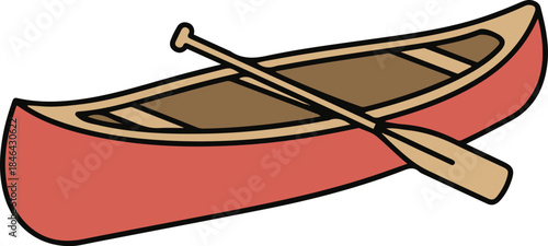 Vector illustration of a red cartoon canoe with a wooden paddle resting across the top, 
