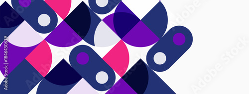 Abstract geometric pattern. Overlapping circles, varying shades purple, pink, navy create dynamic composition. Modern design element.