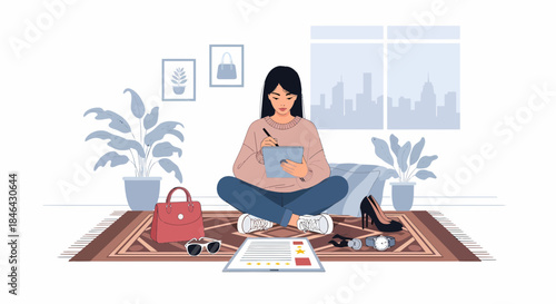 Woman Creates Content on Digital Tablet in Cozy Modern Apartment