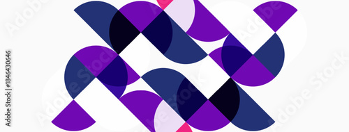 Abstract composition features overlapping purple, navy circles on white background. Modern design, geometric shapes create dynamic pattern.