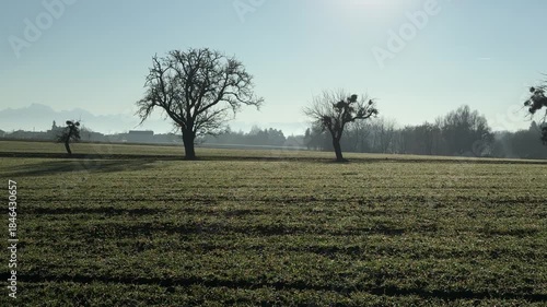 rural village with agricultural fields at alpine foothills in Upper Austria