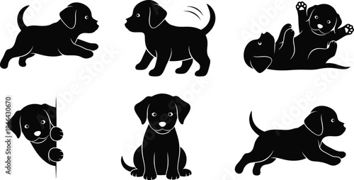 Silhouette of six black dogs in various poses