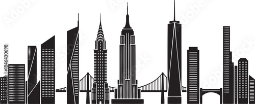 New York city skyline with iconic skyscrapers and bridges vector silhouette