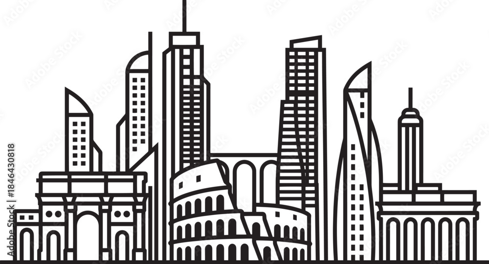Fototapeta premium Rome cityscape outline with colosseum arch and modern skyscrapers vector art