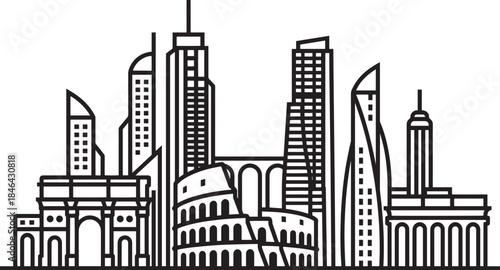 Rome cityscape outline with colosseum arch and modern skyscrapers vector art