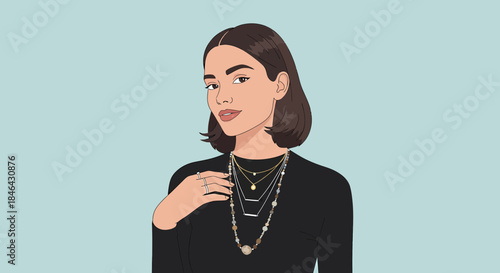 Young Woman Portrait Wearing Layered Necklaces And Elegant Jewelry