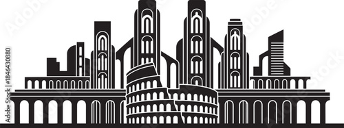Rome Italy skyline silhouette with ancient colosseum and modern buildings