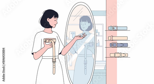 Young Woman Tries On Belt In Front Of A Mirror