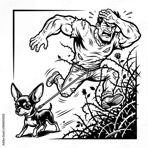 Man runs from thorns while walking small dog on leash