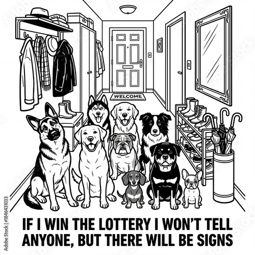 Dogs in a hallway with a welcome sign and shoes on the floor