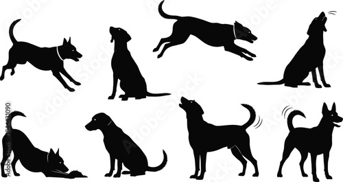 Eight different dog poses silhouette