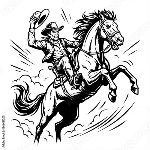 Cowboy rides horse and raises hat during quick ride in open field