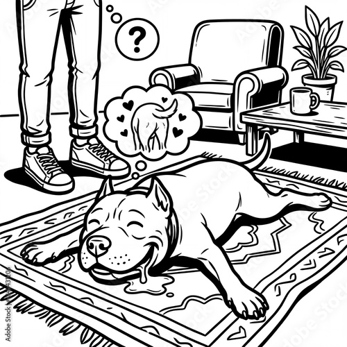 Dog relaxes on carpet while owner thinks about pet care