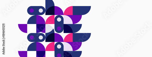 Abstract geometric composition. Purple, pink, white shapes overlap creating dynamic visual texture. Modern design element.