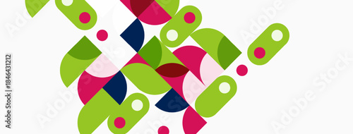 Abstract geometric shapes overlap. Colors include green, pink, navy, beige. Composition feels modern, playful, dynamic.