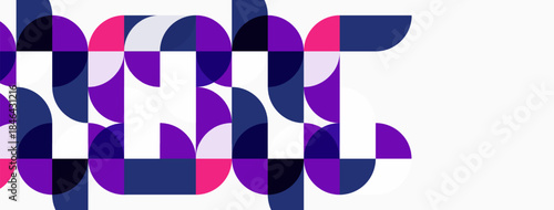 Abstract geometric pattern. Circles, squares create colorful text like design. Purple, pink hues dominate white background. Modern aesthetic.