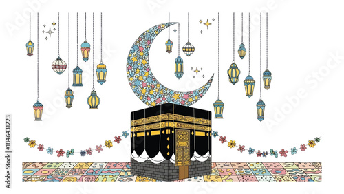 Sacred Kaaba Celebration: A vibrant artistic depiction of the Kaaba, the most sacred site in Islam, adorned with a crescent moon, lanterns, and colorful decorative elements, symbolizing faith.