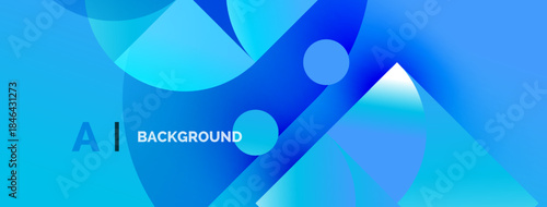 Abstract blue shapes create dynamic background. Text reads AI BACKGROUND. Gradient colors suggest modern design elements.