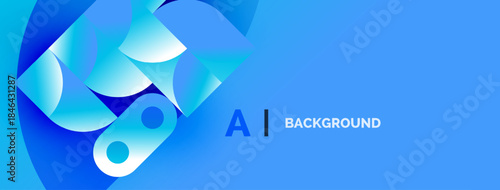 Abstract blue shapes create dynamic composition. Modern design features gradients, curves, text elements. Clean aesthetic.