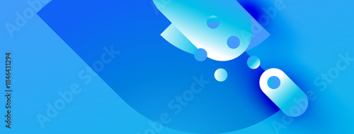 Abstract blue shapes overlap, creating dynamic composition. Gradient hues suggest depth, modern design aesthetic. Smooth curves dominate visual space.