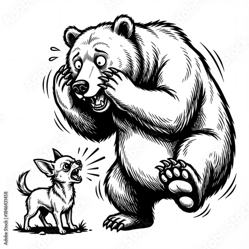 Bear and small dog in a surprising encounter in the forest