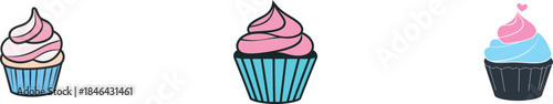 The design includes a single line drawing of a muffin cake, along with modern illustrations of a cupcake shop menu, a restaurant badge, and a logo for an online sweet pastry shop, all featuring a