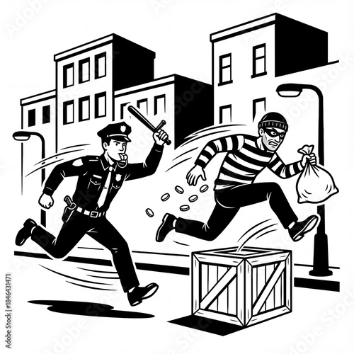 Police chase of a thief in a city setting during the day