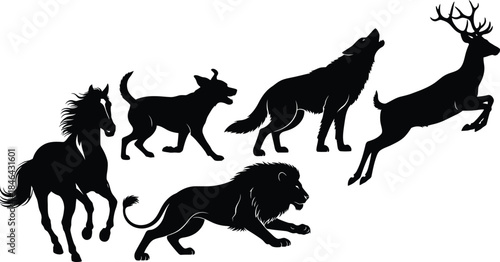 Silhouette of five animals horse goat wolf deer and lion
