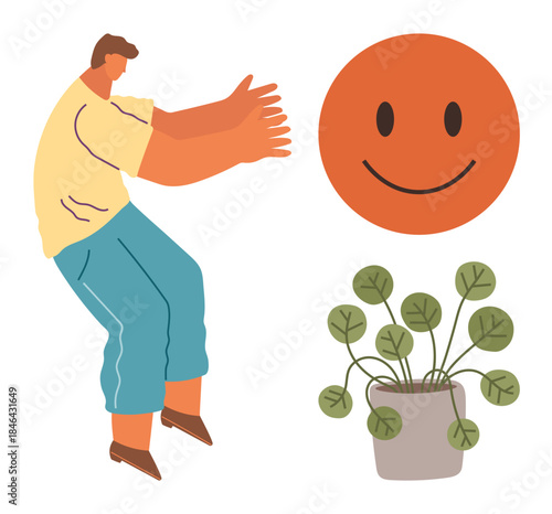 A person extends arms towards a bright orange happy face as a potted plant sits below. Ideal for positivity, motivation, happiness, mindfulness, wellness, connection, emotional balance. A simple flat