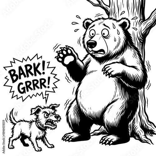 Small dog scares big bear in a funny cartoon scene