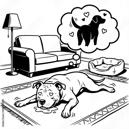 Dog dreaming of a playful companion in a living room setting
