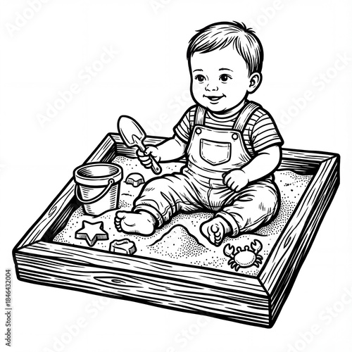 Child plays in sandbox with toys and a shovel in the afternoon