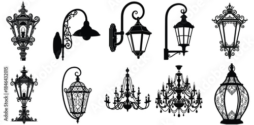 Collection of elegant antique street lamps, chandeliers, and vintage wall sconces silhouettes