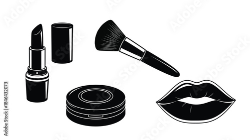 Elegant makeup tools and lips in a striking black silhouette
