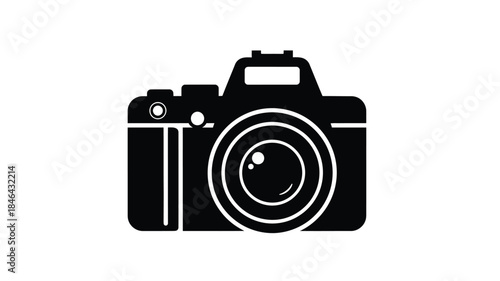 A black and white illustration of a vintage camera a striking silhouette