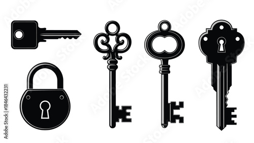 Collection of vintage keys and a padlock in black silhouette