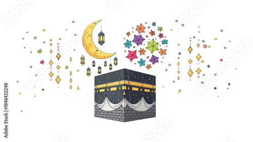 Sacred Kaaba Illustration: An illustration showcasing the Kaaba, the holy site, beautifully adorned with crescent moon and stars, embodying cultural and religious significance.