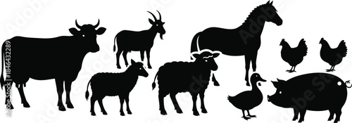 Silhouette of various farm animals on white background