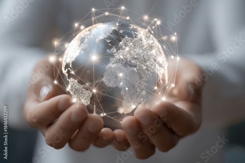 Hands hold a transparent globe showcasing continents with glowing connections symbolizing global networking and communication