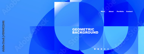 Blue geometric shapes create modern website header. Text displays portfolio information, navigation options present. Clean design.