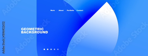 Blue abstract design. Geometric shapes create modern background. Navigation menu present, text visible. Simple, clean aesthetic.